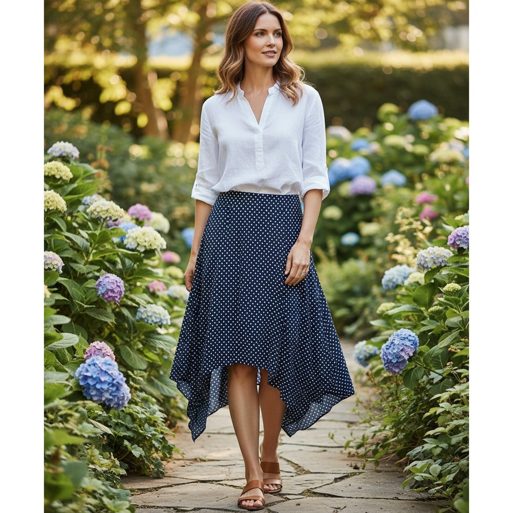 NEW Elle S Skirt Blue Polka Dot Midi‎ Asymmetric Classic Retro Coastal Office